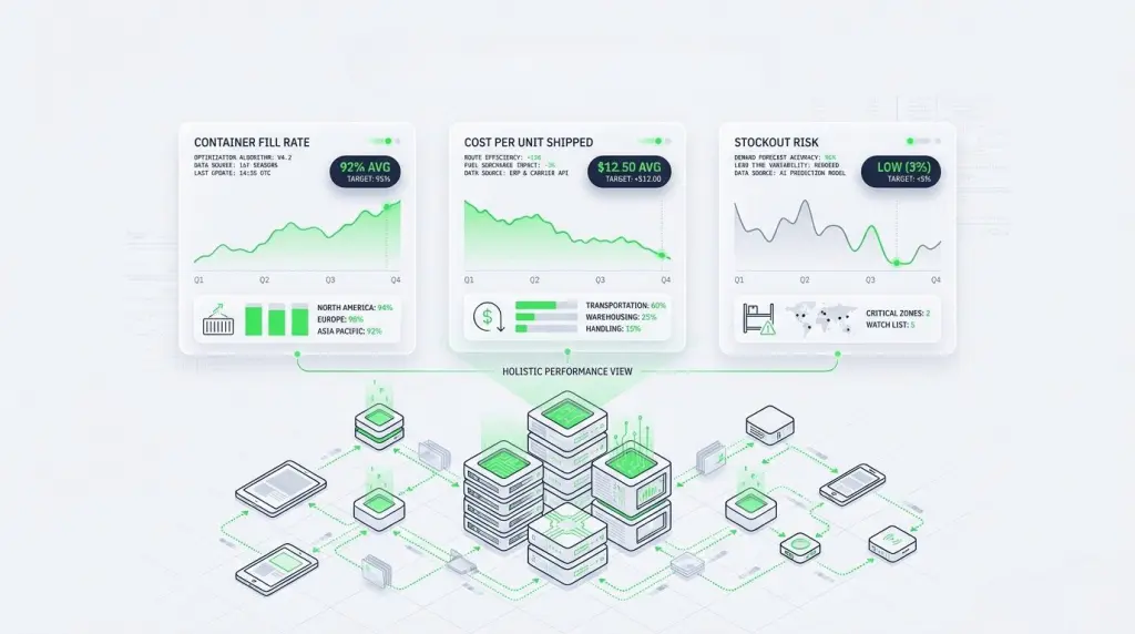 Container utilization KPIs dashboard showing fill rate, freight cost per unit, and stockout risk trend