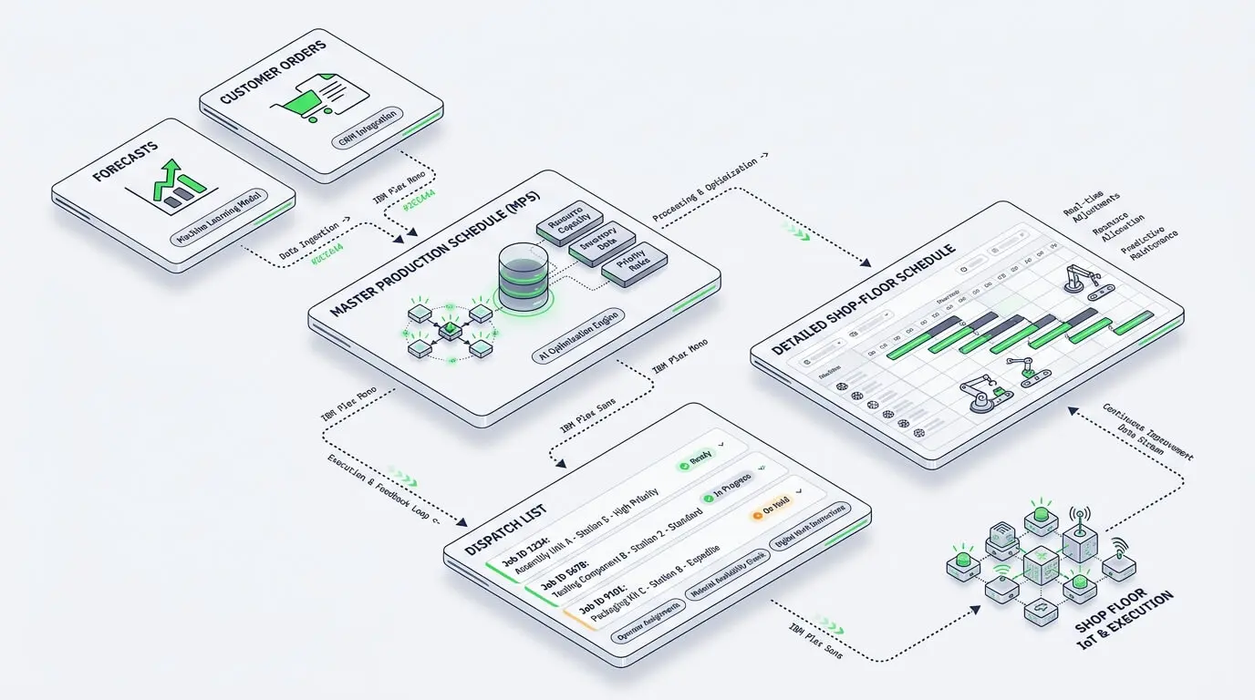 Production schedule flow from demand inputs to master production schedule and shop-floor dispatching