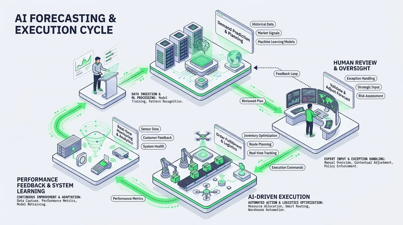 Human-in-the-loop supply chain cycle for AI forecasting and execution. Crea un