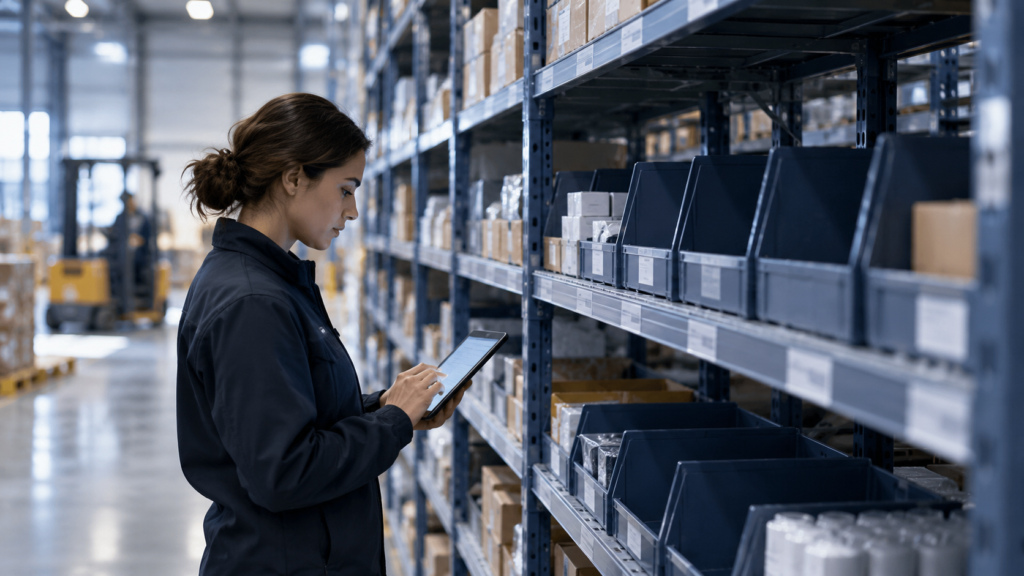 Warehouse inventory specialist using a tablet to monitor slow-moving products and stock levels.